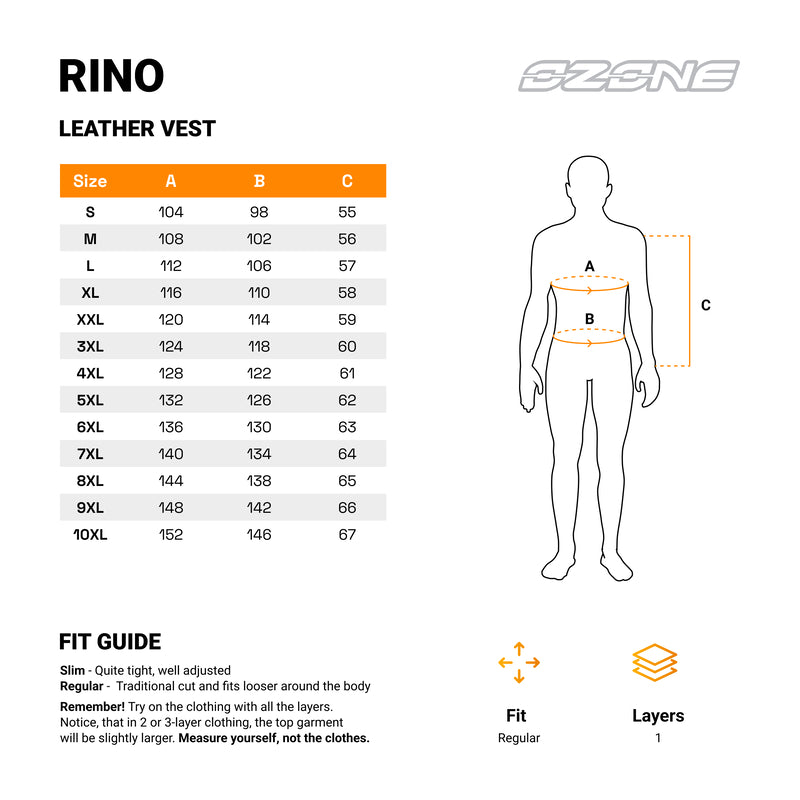 Storleksguide för Ozone Mc-Skinnväst Rino Svart med mått för storlekar S till 10XL och passformstips för motorcykelkläder.