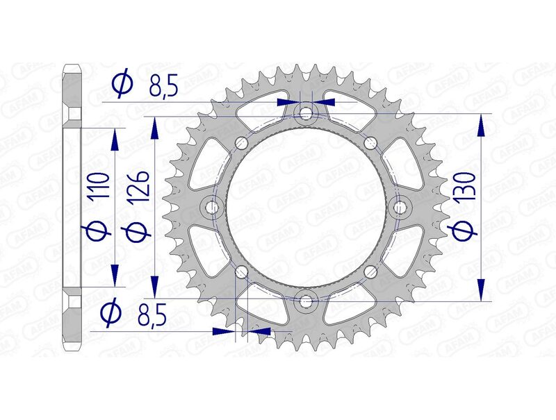 AFAM Aluminium Ultra-Light Self-Cleaning bakdrev 17107420 med detaljerade måttspecifikationer. Passar Kawasaki KX 65 och Suzuki RM 65 från olika årsmodeller.