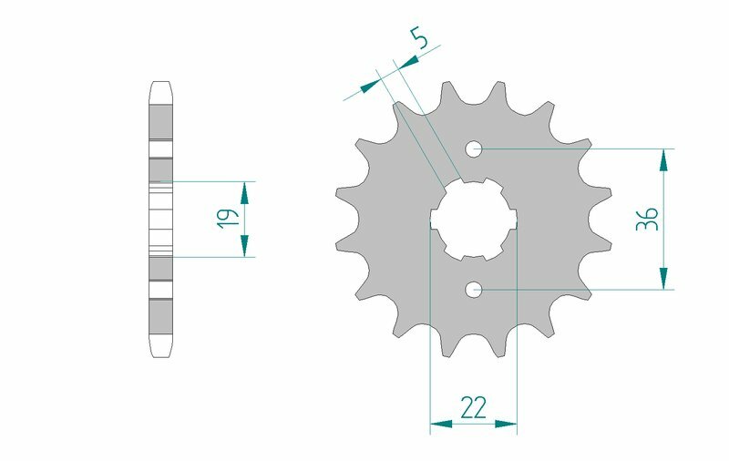 Teknisk ritning av AFAM Steel Standard Front Sprocket 21305 - 428 med måttangivelser. Reservdel för Yamaha TW 125 och TW 200 motorcyklar.