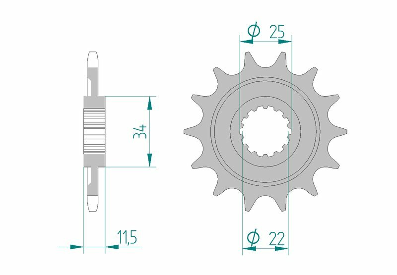 Teknisk ritning av AFAM Steel Standard Front Sprocket 43400 - 520 med måttangivelser. Perfekt reservdel för Sherco SE 4.5i-F och SE 5.1i-F Factory.