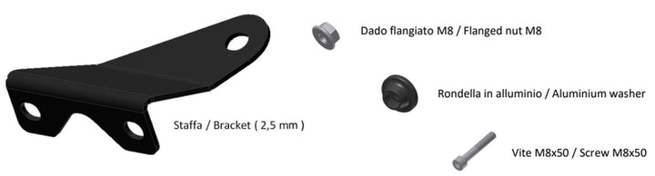 MIVV Mounting Kit för GP Pro Muffler 50.SC.KU.001.S2P med svart fäste, M8 flänsmutter, aluminiumbricka och M8x50 skruv. Perfekt för avgassystemstillbehör.