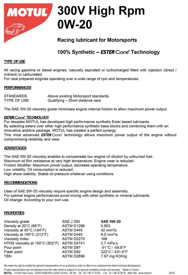 Motul 300V High RPM 0W20 2L (10 pcs/cardboard)