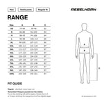 Storleksguide för Rebelhorn Textil Mc-Byxor Range Grå med mått i centimeter och passformsinformation för olika storlekar.