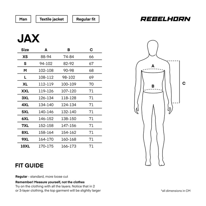 Storleksguide för Rebelhorn MC-jacka Jax, med mått och passform för XS till 10XL, anpassad för olika kroppstyper.