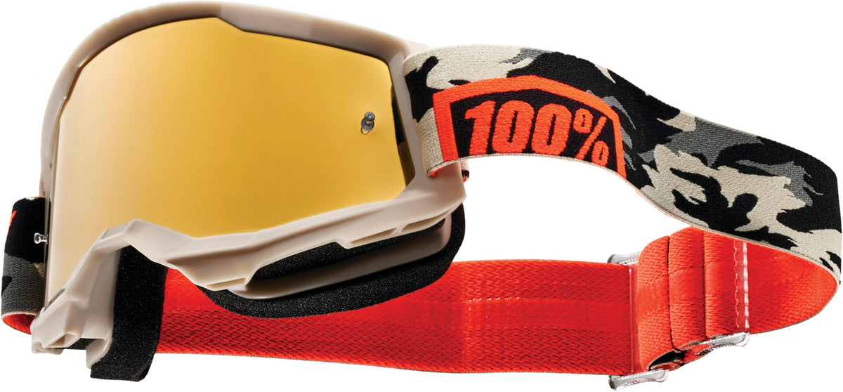 100% Goggles Strata 2 Kombat - Spegel med justerbart kamouflagemönstrat band och guldfärgad spegellins för optimal syn och skydd.