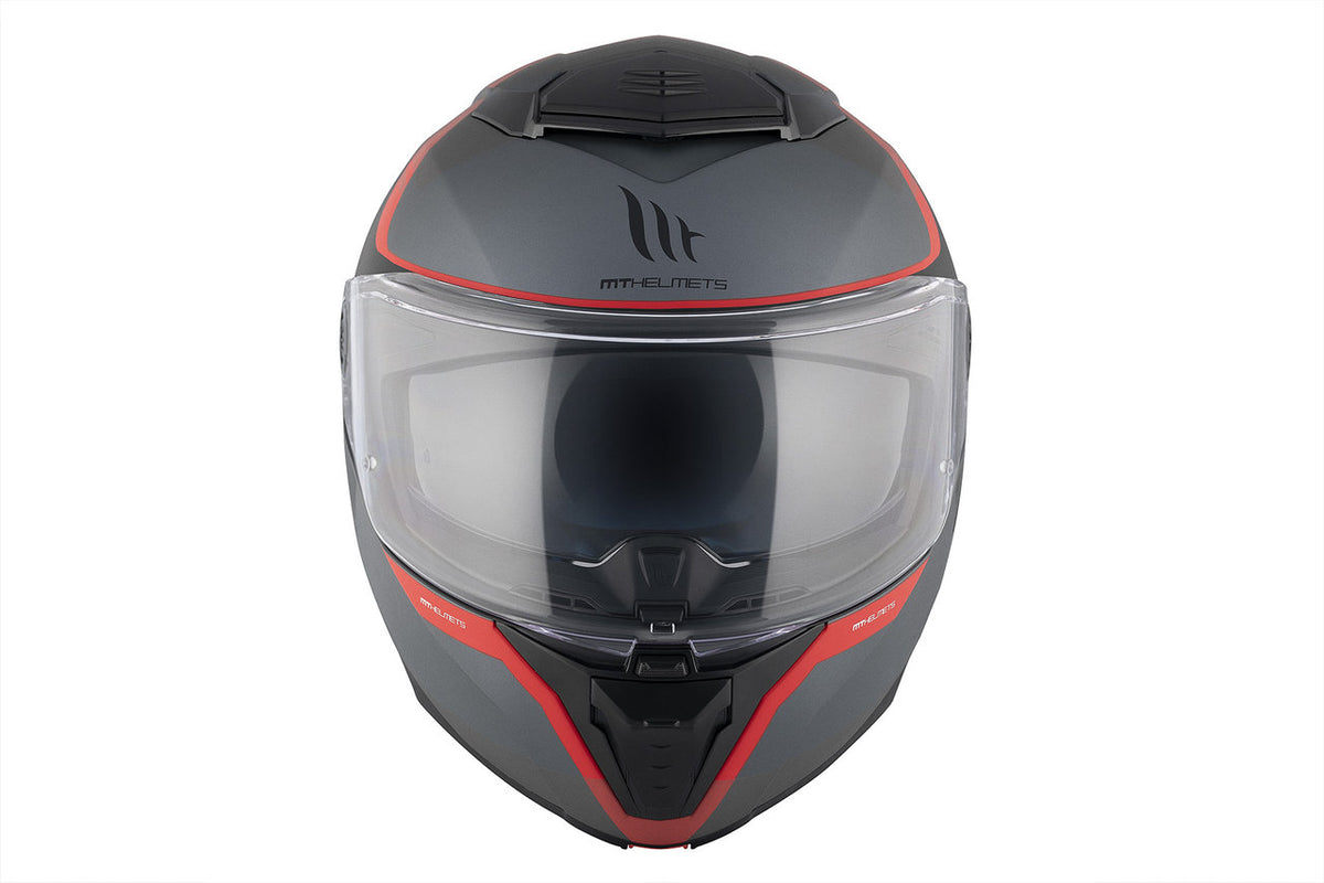 MT Helmets öppningsbar mc-hjälm Atom 2 SV Emalla B15 sedd framifrån, med stängt visir och aerodynamisk design.