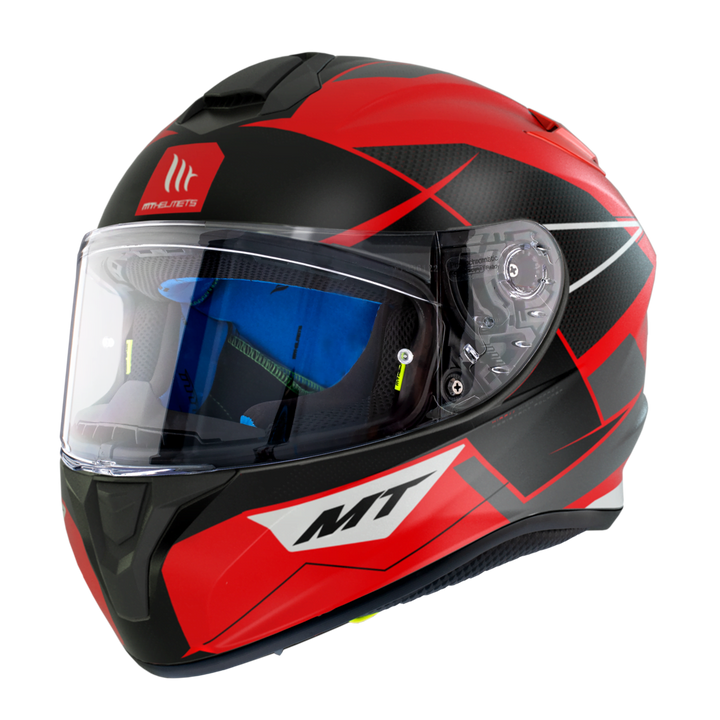 MT Helmets Integral Mc-Hjälm Targo Podium Rojo med röd och svart design, visir och aerodynamisk form för motorcykelsäkerhet.