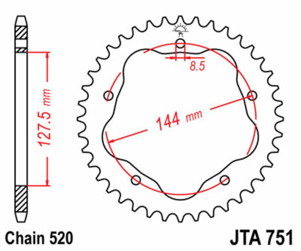 Der Standard -Stahl -Heck -Kettenrad 751 - 520 von JT Sprock ist ein JT -Sprock -Hecksprock -Träger JTR751.43 erforderlich