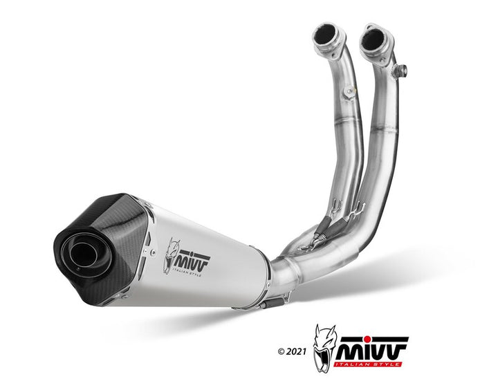 MIVV Delta Race Full Exhaust System A.014.LDRX i rostfritt stål med kolfiberände, högpresterande avgassystem för motorcyklar i reservdelskategorin.