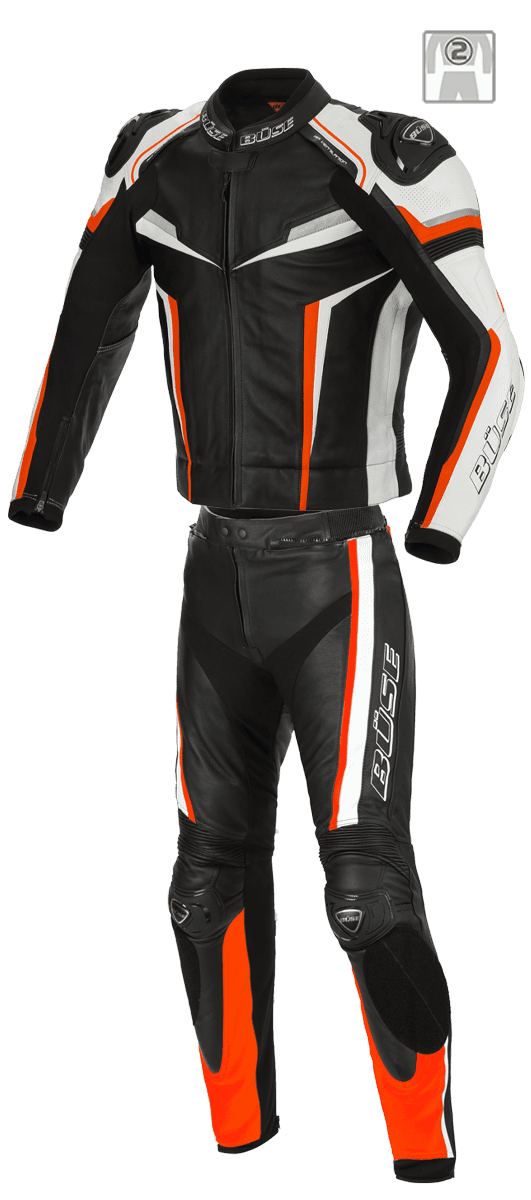 Buse Skinnställ 2-delat Mille i svart och orange med högkvalitativt läder, ergonomisk design och skydd för motorcykelförare.