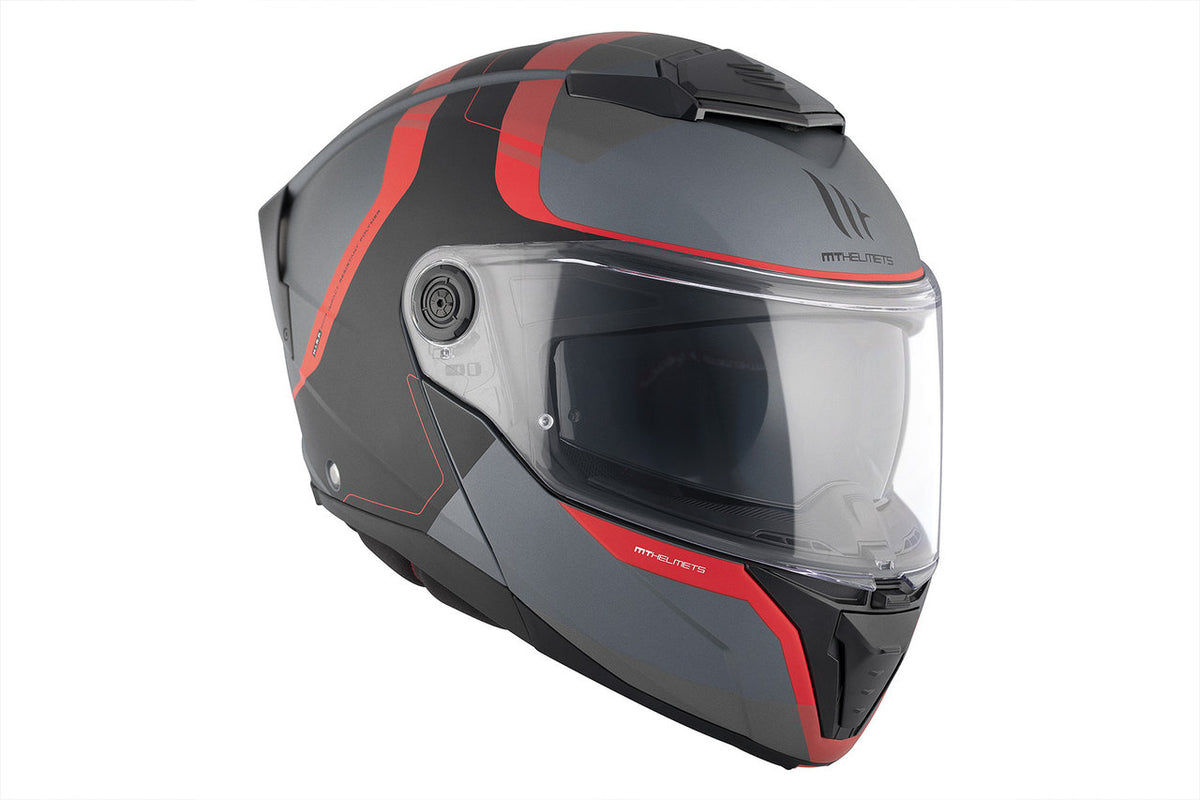 MT Helmets öppningsbar mc-hjälm Atom 2 SV Emalla B15 i grå och röd färg, visir stängt, snett framifrån.