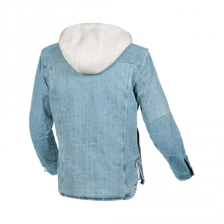 Baksidan av Macna Kevlar Mc-Jacka Inland Ljusblå med grå huva och slitstark denim. Säker och bekväm jacka för motorcykelåkning.