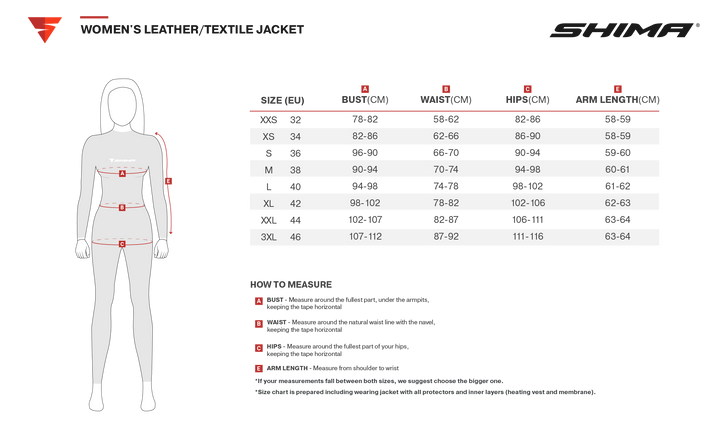 Storleksguide för Shima Dam Textil Mc-Jacka Drift Rosa, med mått för byst, midja, höfter och ärmlängd i centimeter.