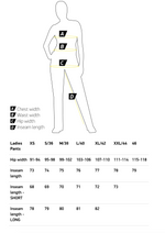 Storleksguide för Macna Dam Skinn Mc-Byxor Vario Svart med mått för höftvidd och benlängd för att hjälpa till att hitta rätt passform.