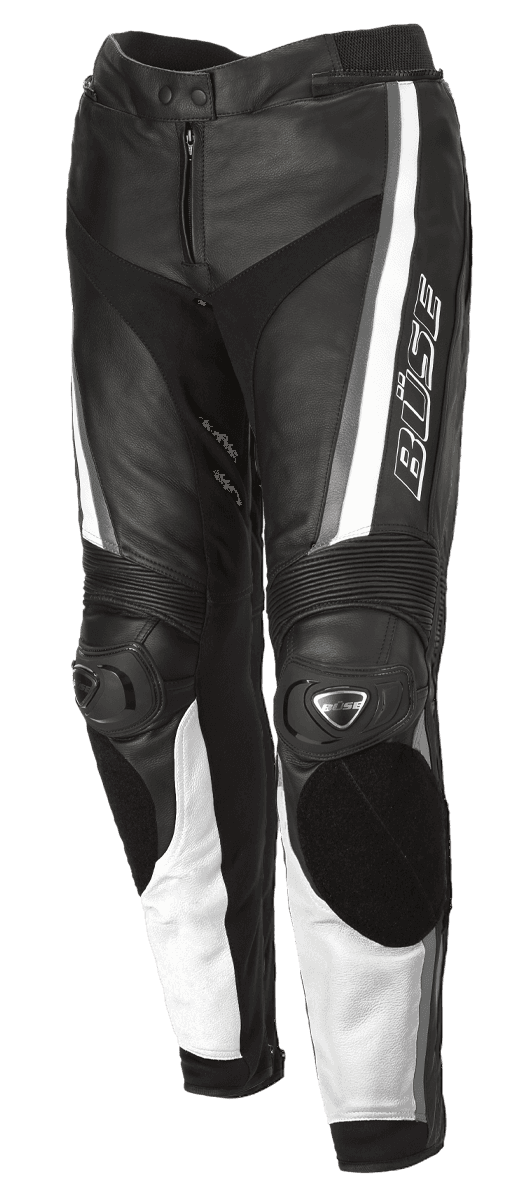 Buse Dam Mc-Skinnbyxor Mille Svart/Vit med slitstarkt skinnmaterial, vita detaljer och knäskydd. Perfekt för motorcykelsäkerhet och komfort.