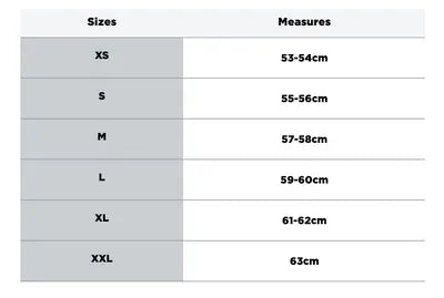 Storlekstabell för Airoh öppningsbar mc-hjälm Rev 19 svart, med mått från XS (53-54 cm) till XXL (63 cm).