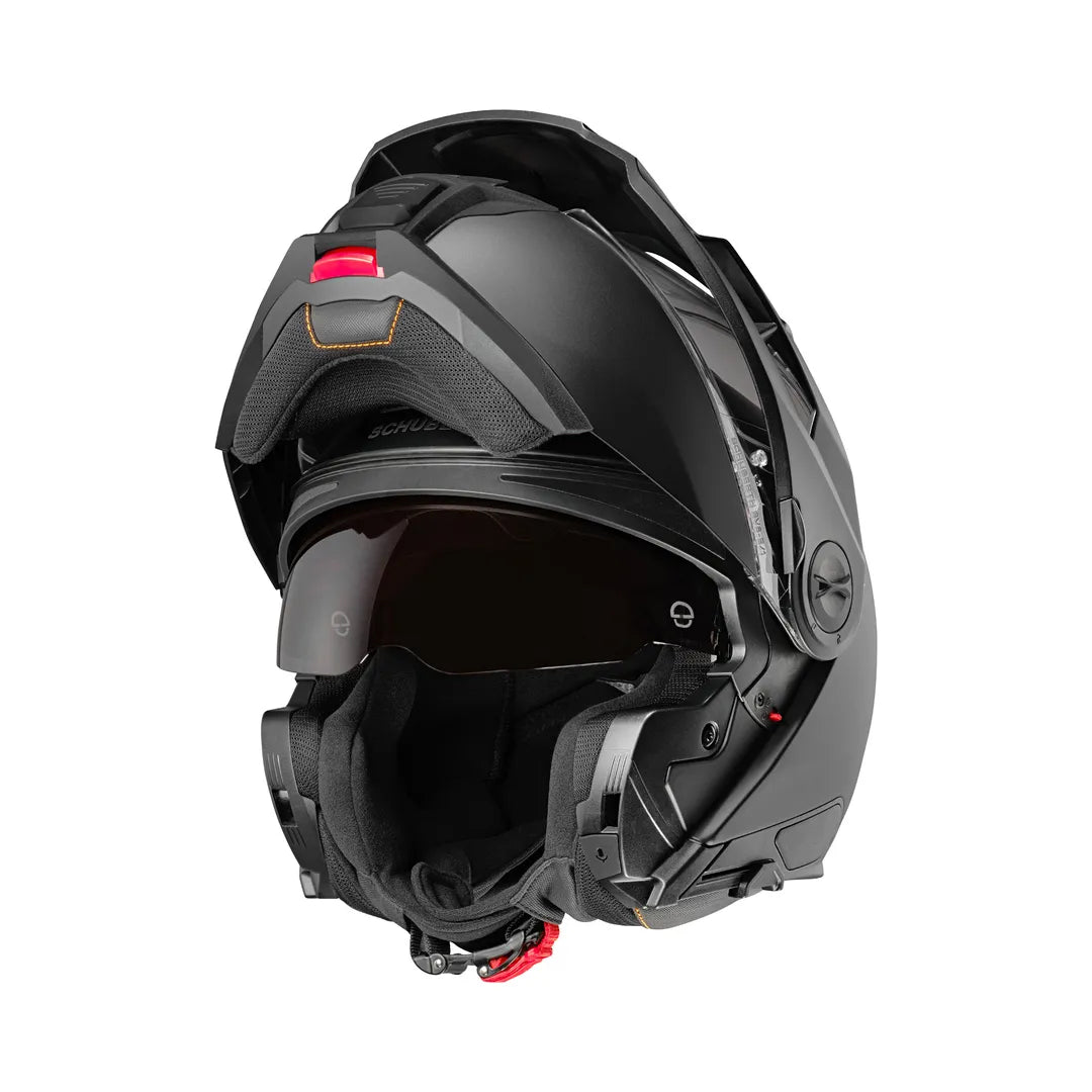 Schuberth Öppningsbar Mc-Hjälm E2 Matt Svart med uppfällbar funktion och integrerat solvisir. Perfekt för säker och bekväm motorcykelkörning.