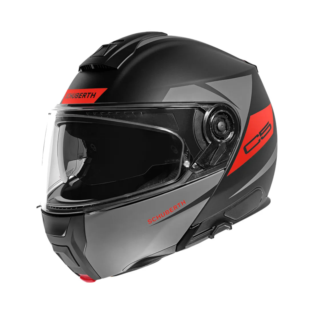 Schuberth C5 öppningsbar mc-hjälm i svart och röd design, med aerodynamisk form och integrerat visir. Limited Edition för högsta säkerhet.