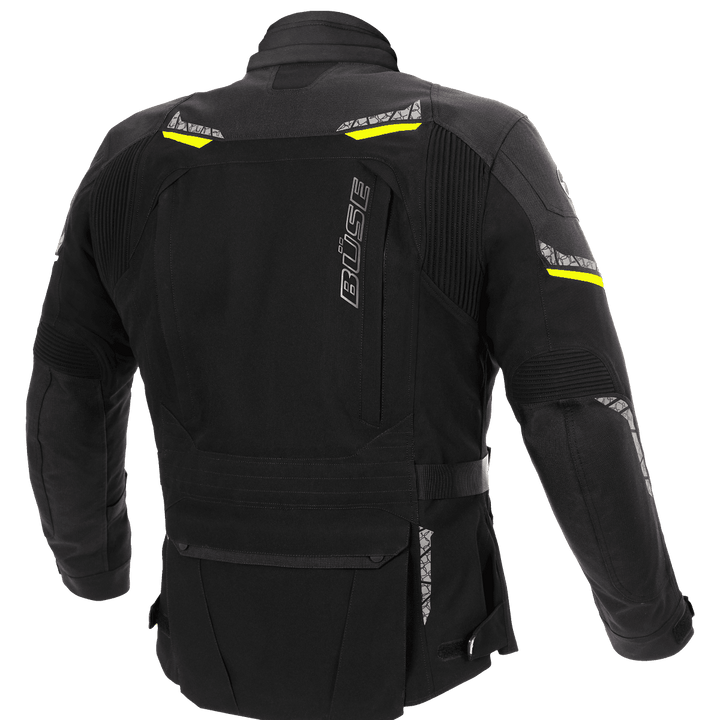 Buse MC-jacka Storm i svart med laminerat textilmaterial och gula reflexdetaljer på ryggen. Ergonomisk design för säker motorcykelkörning.