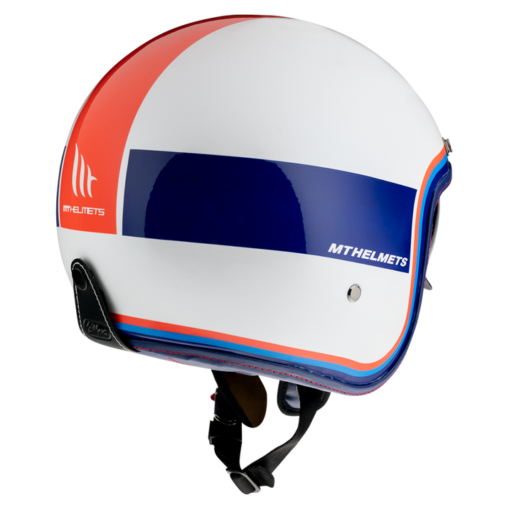 MT Helmets öppen mc-hjälm Le Mans Tant D15 med elegant vit yta, blå och orange accenter samt justerbart hakband.