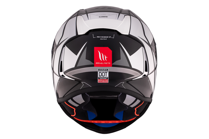 MT Helmets Integral Mc-Hjälm Revenge 2 Hatax B2 bakifrån med röd logotyp och säkerhetscertifieringar, designad för motorcykelsäkerhet.