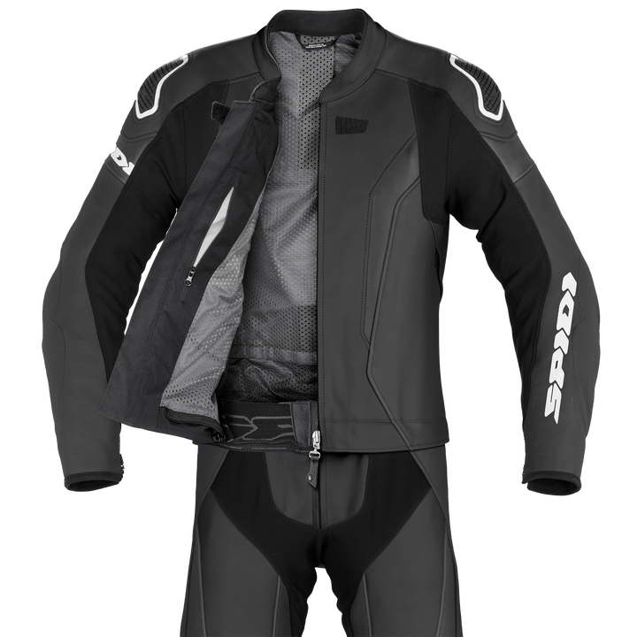 Spidi Mc-Skinnställ 2-delat Laser Touring Svart, med öppen jacka som visar innerfoder och ventilationspaneler för komfort.