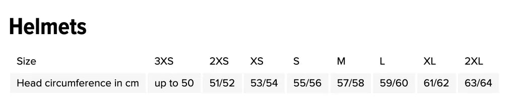 Storlekstabell för Rocc Jet MC-hjälm 285 med huvudomkrets i cm från 3XS till 2XL. Hjälmstorlekar för optimal passform.
