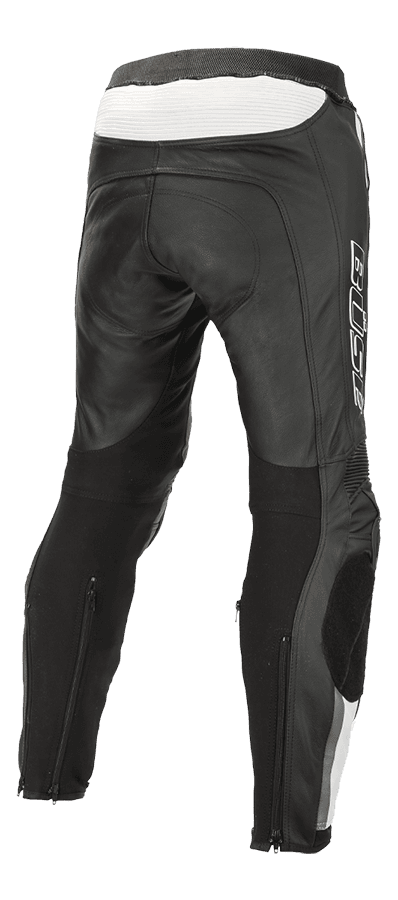 Baksidan av Buse Mc-Skinnbyxor Mille i svart och vitt, med stretchpaneler och dragkedjor för optimal passform och komfort.