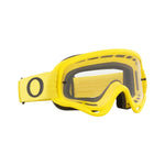 Motorcykelglasögon Oakley O Frame MX Moto Yellow med klar lins och svart logotyp på det gula bandet.