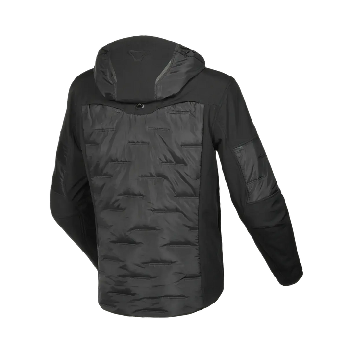Baksida av Macna Textil Mc-Jacka Cocoon Svart med quiltad design och huva. Perfekt för motorcykelåkning och skydd.