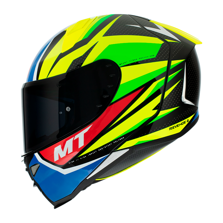 Sidan av MT Helmets Integral Mc-Hjälm Revenge 2 Kley Flu med modern grafik i blått, gult och grönt, storlek XS till XXL.