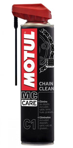 Motul Chain Clean C1 400 ml för effektiv rengöring av motorcykelkedjor, kompatibel med O-ring och X-ring. Perfekt för att ta bort smuts, olja och fett.