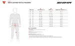 Storleksguide för Shima Textil Mc-Byxor Rush 2.0 Vented Svart med mått för midja, höft och längd i storlekar S-6XL.