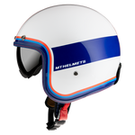 MT Helmets öppen mc-hjälm Le Mans Tant D15 med retroinspirerad vit bas, blå och orange ränder samt logotyp på sidan.