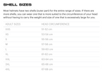 Storlekstabell för LS2 motorcykelhjälmar som visar huvudomkrets för storlekar från XXS till 4XL för optimal passform.