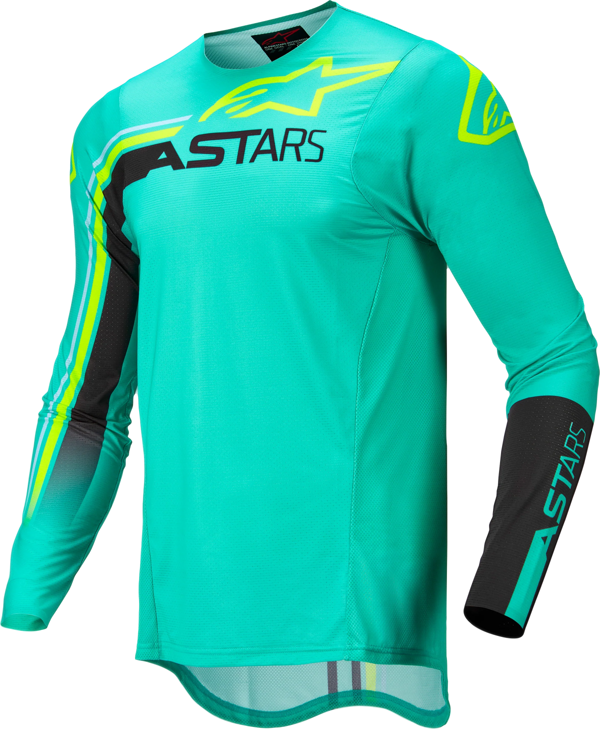 Alpinestars Crosströja Supertech Blaze i turkos med svarta och gula detaljer, designad för motocross och offroad-körning.