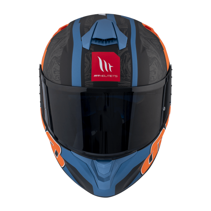 Framsidan av MT Helmets Integral Mc-Hjälm Targo Pro Welcome Orange med visir och ventilationsöppningar för optimal komfort.