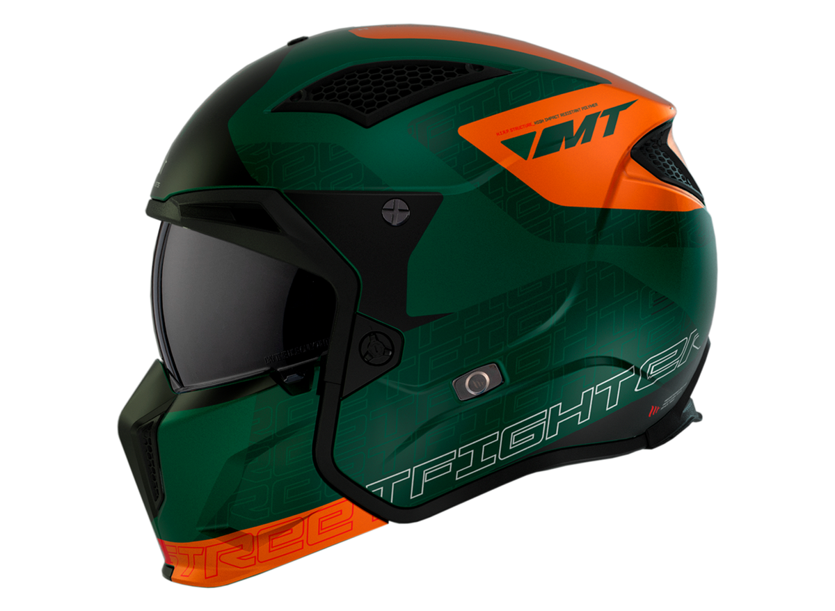 Sidovy av MT Helmets öppen mc-hjälm Streetfighter SV S Totem C6 i grönt och orange, med ventilationssystem och sportig stil.