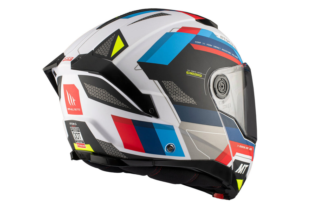 Baksida av MT Helmets mc-hjälm Atom 2 SV Blast A0 Pearl med aerodynamisk form, ventilation och färgstark design för motorcykelförare.